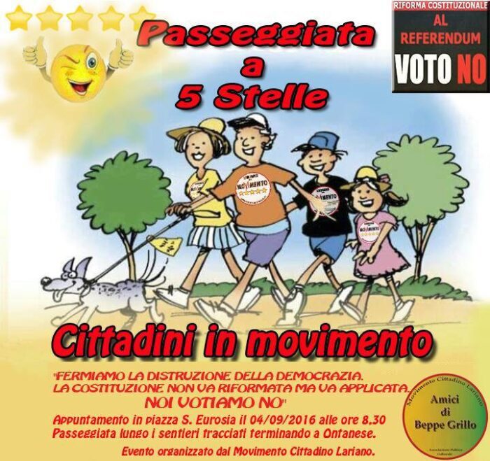 Lariano, il 4 settembre evento del M5S per dire No al Referendum: passeggiata a 5 Stelle