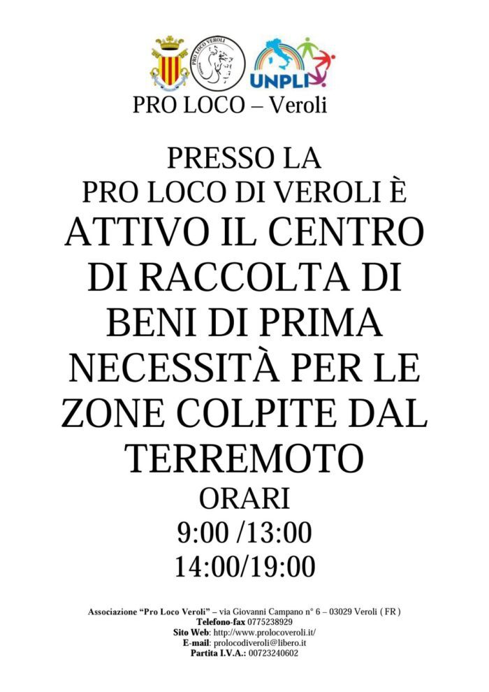 A Veroli attivi i punti raccolta della Pro Loco e del Comune di Veroli a favore dei terremotati