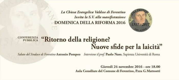 500 anniversario della Riforma, conferenza della Chiesa Evangelica Valdese di Ferentino