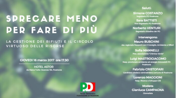 PD Frosinone, il 16 Marzo all'hotel Astor “Sprecare meno per fare di più”