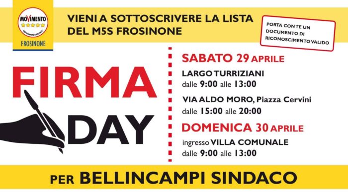 Elezioni a Frosinone: 29 e 30 aprile raccolta firme del M5S per Bellincampi Sindaco