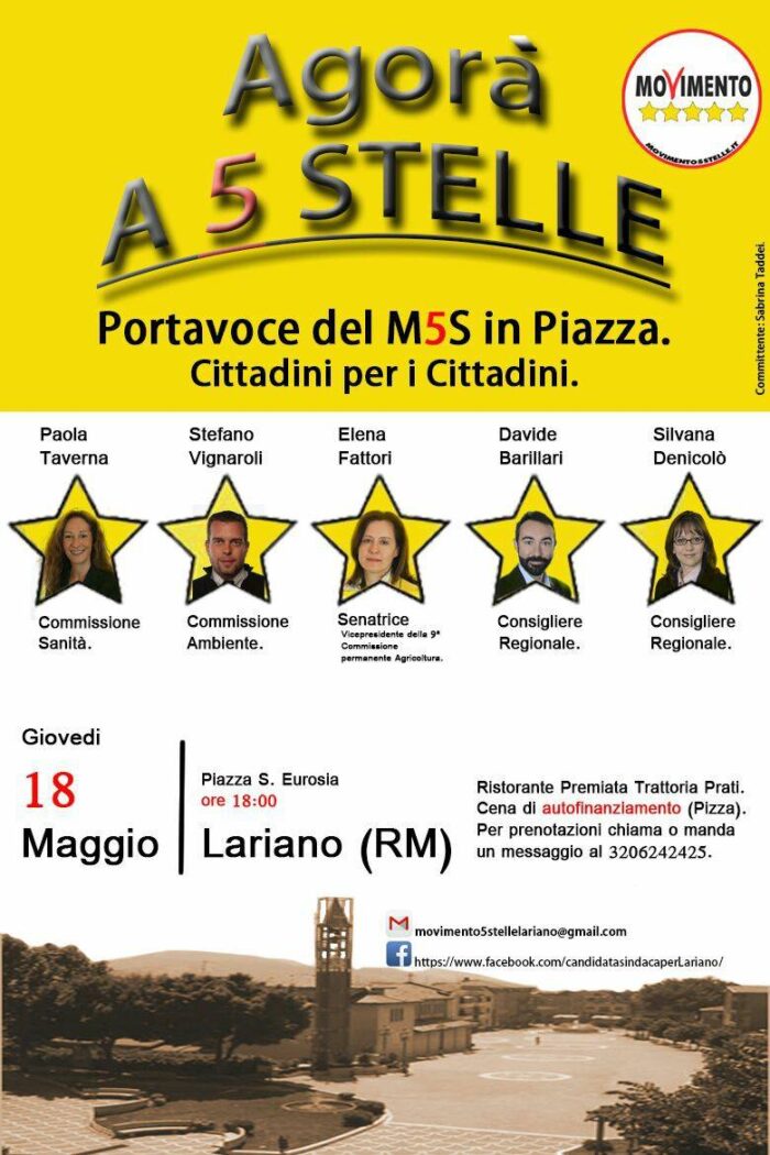 Lariano, 18 maggio cena di autofinanziamento del Movimento 5 Stelle