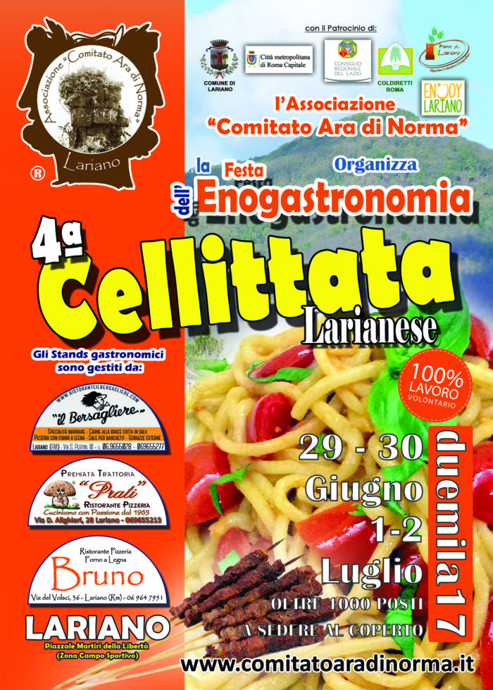 Lariano, Cellittata larianese 2017: il programma della IV Festa dell'Enogastronomia che si terrà dal 29 giugno al 2 luglio