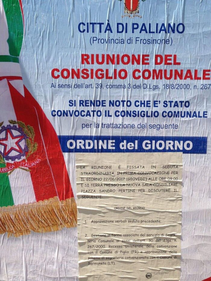 Paliano, consiglio comunale 22 giugno 2017: ordini del giorno e... polemica