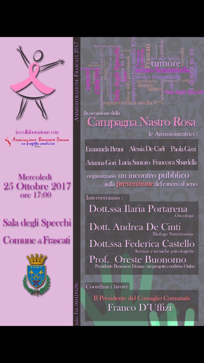 Frascati il 25 ottobre 2017 in programma, alla Sala degli Specchi, un convegno sulla prevenzione del tumore al seno