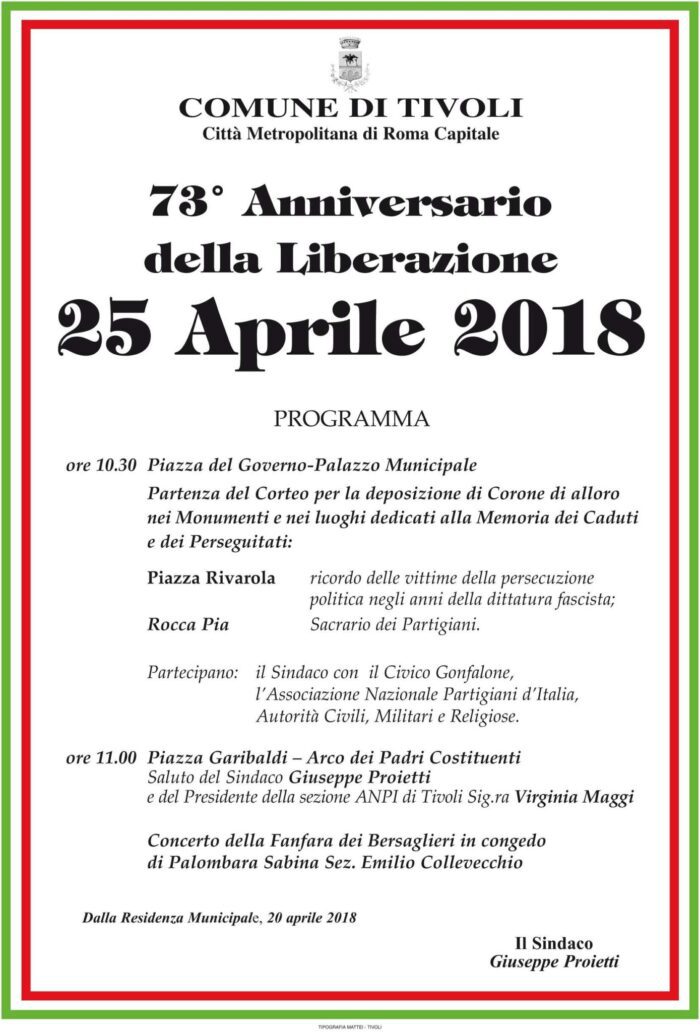 Tivoli, il programma del 73° anniversario della liberazione