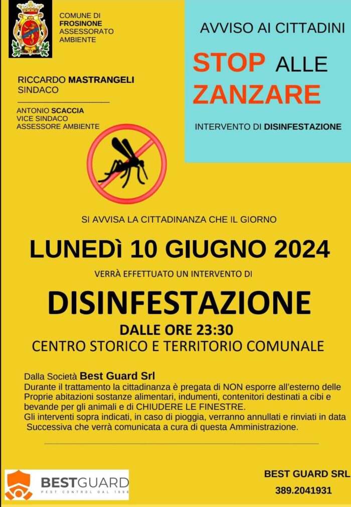 Stop alle zanzare: lunedì 10 giugno sarà effettuato l'intervento di disinfestazione, da ditta specializzata, dalle ore 23.30, disposto dall'amministrazione mediante l'assessorato coordinato dal vicesindaco Antonio Scaccia. L'intervento sarà condotto sul centro storico e sul territorio comunale. Il programma di disinfestazione portato avanti dell'assessorato all'ambiente prevede, infatti, più cicli su tutto il perimetro del capoluogo. Durante il trattamento la cittadinanza è pregata di non esporre all'esterno delle proprie abitazioni sostanze alimentari, indumenti, contenitori destinati a cibi e bevande per gli animali e di chiudere le finestre.